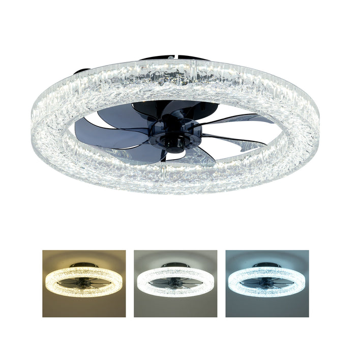 LED Light Source And Remote Control, 3000 - 6500K Dimmable Flush Mount LED Fan Light, 6 Speeds, Quiet DC Motor For Living Room - Matte Black
