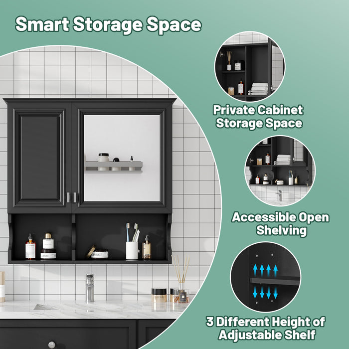 Wall Mounted Mirror Medicine Cabinet, Bathroom Storage With Doors And Open Shelves