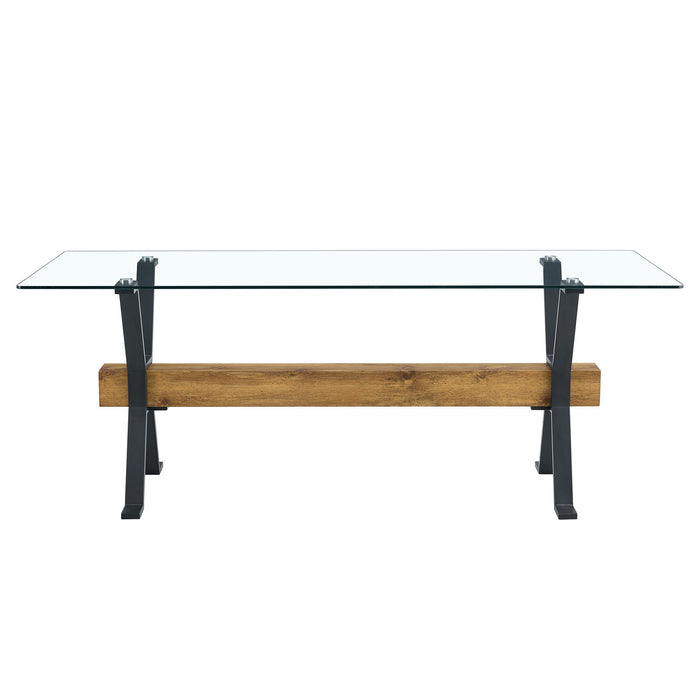 Elegant Tempered Glass Dining Table With X Shaped Metal Legs And Wood Grain Crossbeam - Black / Transparent