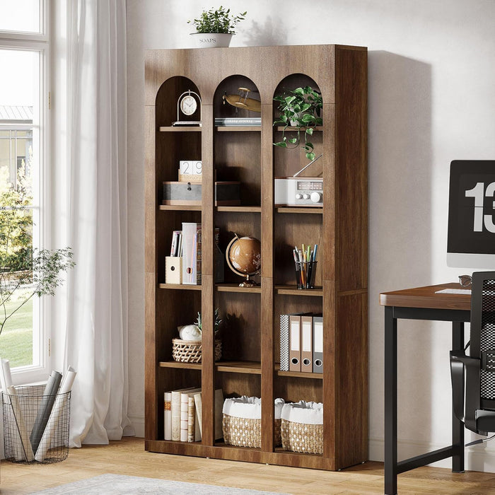 5 Tier Farmhouse Arched Bookcase For Living Room - Rustic Brown