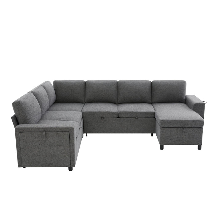 U - Shaped Convertible Sectional Sofa Bed With Storage, USB Charger & Cup Holders