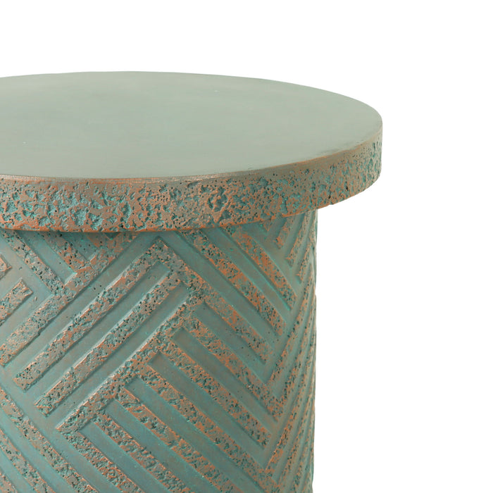 Round Outdoor End Table With Tree Stump Design For Patio - Golden / Green / Peacock