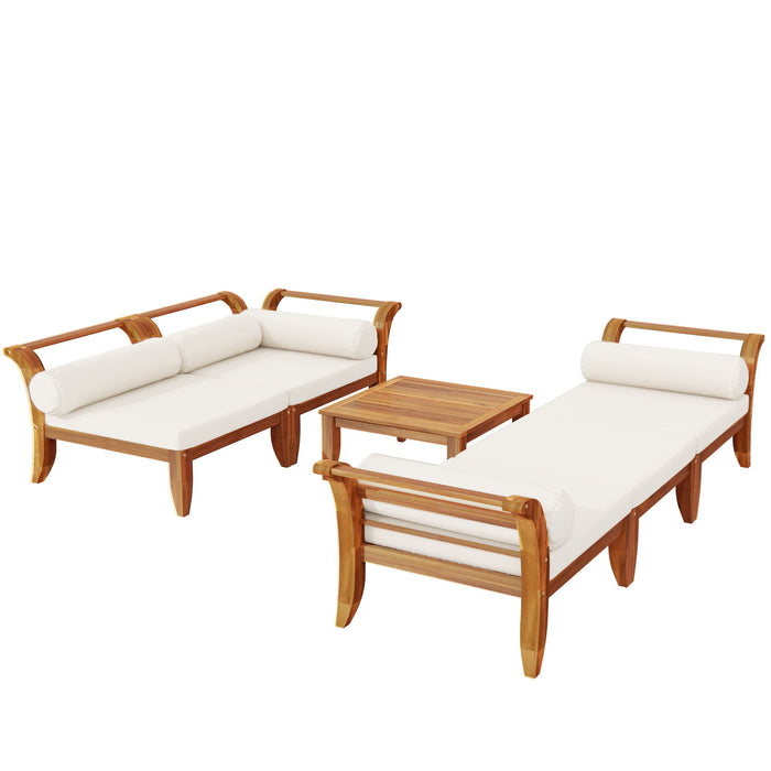 6 Piece Patio Sofa Set, Acacia Wood Outdoor Modular Sectional Garden Furniture Set L Shaped Conversation Set, Convertible Daybed With Tea Table, Ottoman, 5 Cushions And Pillows - Teak / Beige