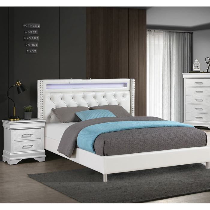 Modern Bed With LED Lights, Charging Port, Tufted Headboard
