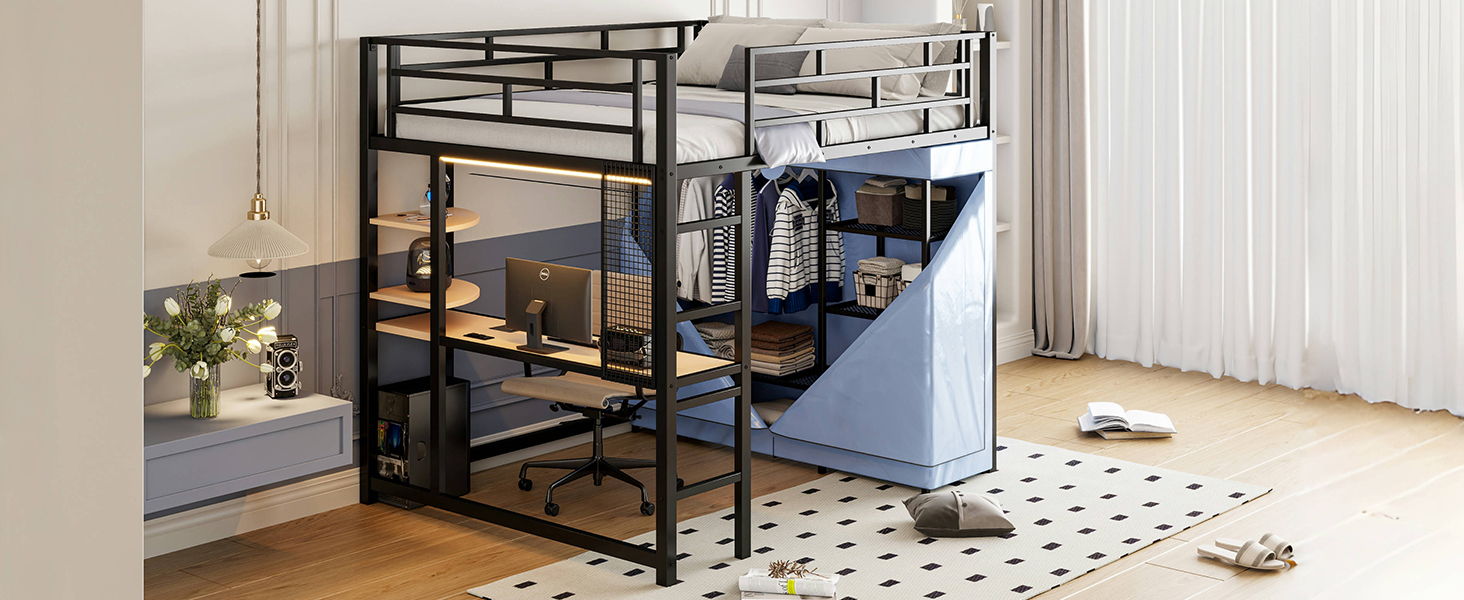 Loft Bed With Desk, Shelves, Power Outlet, LED Light And Wardrobe