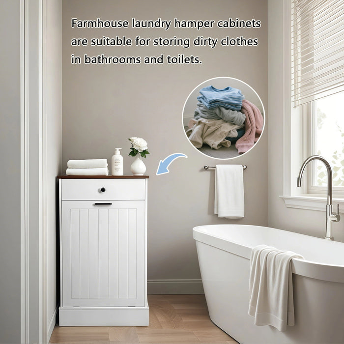 Tilt Out Trash Cabinet With Drawer, 10 Gallon Hamper - White