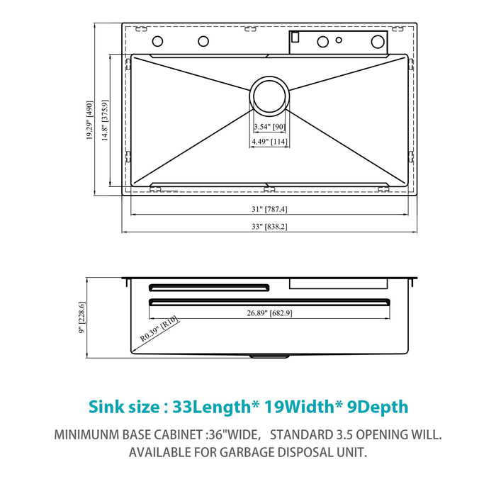 33" Stainless Steel Single Bowl Kitchen Sink With Waterfall Flow
