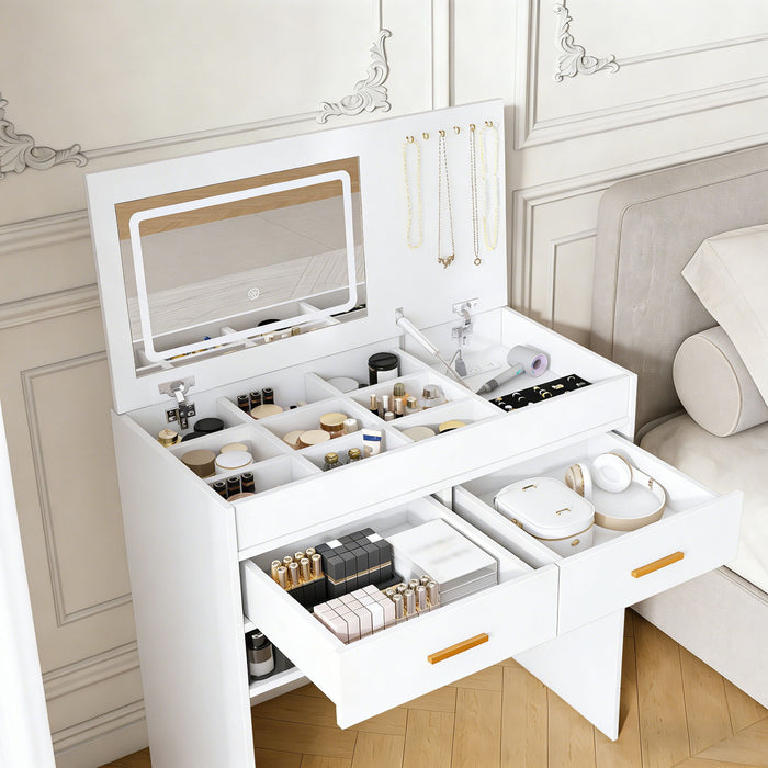 Flip Top Vanity Desk With LED Mirror & Outlet Makeup Table With 2 Drawers, Open Storage, And Jewelry Hooks - White