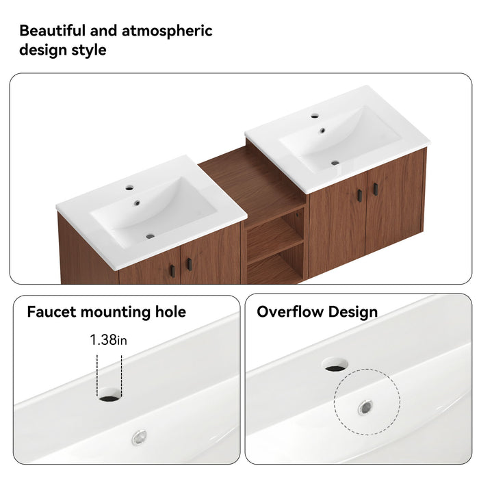 Soft Close Doors Bathroom Vanity With Small Storage Shelves, 24" And 12" Combination Cabinet - Reddish Brown