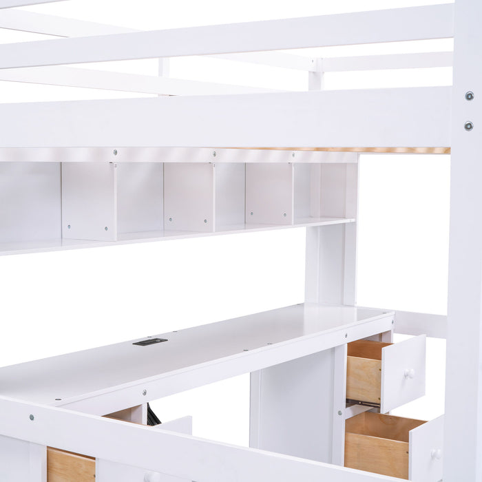 Full Size Loft Bed With Desk, Cabinets, Drawers, Charging Station And Bedside Tray, Sturdy Frame, No Box Spring Required - White
