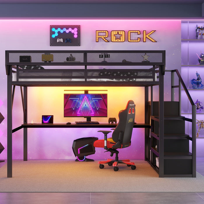 Loft Bed With Desk And Charging Station With Stairs And Light