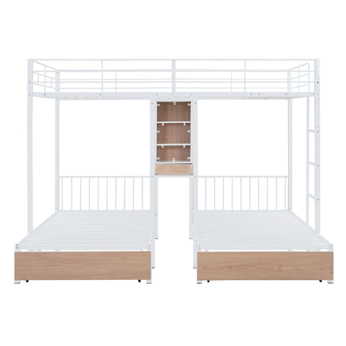 Triple Bunk Bed With Drawers, Multi-Functional Frame With Desks And Shelves In The Middle
