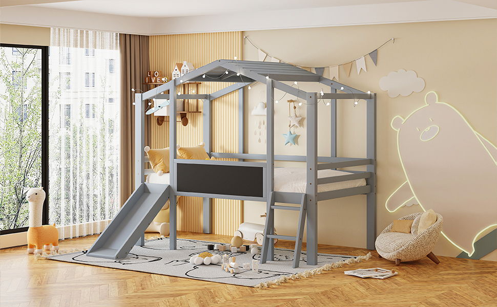 Loft House Bed With Ladder And Slide, With Blackboard And Light Strip On The Roof