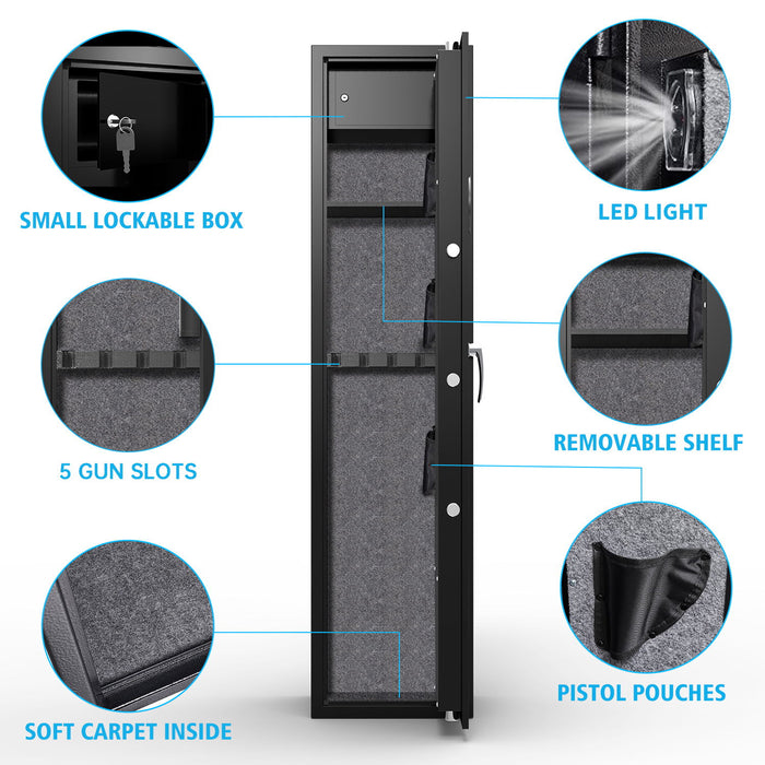 Large Capacity Quick Access Fingerprint Gun Safe, 4 - 5 Gun Biometric Metal Rifle Gun Security Cabinet Safe Locker - Black
