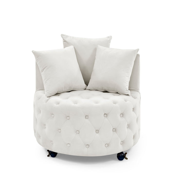 Modern Upholstered Swivel Chair With Button Tufted Design And Movable Wheels