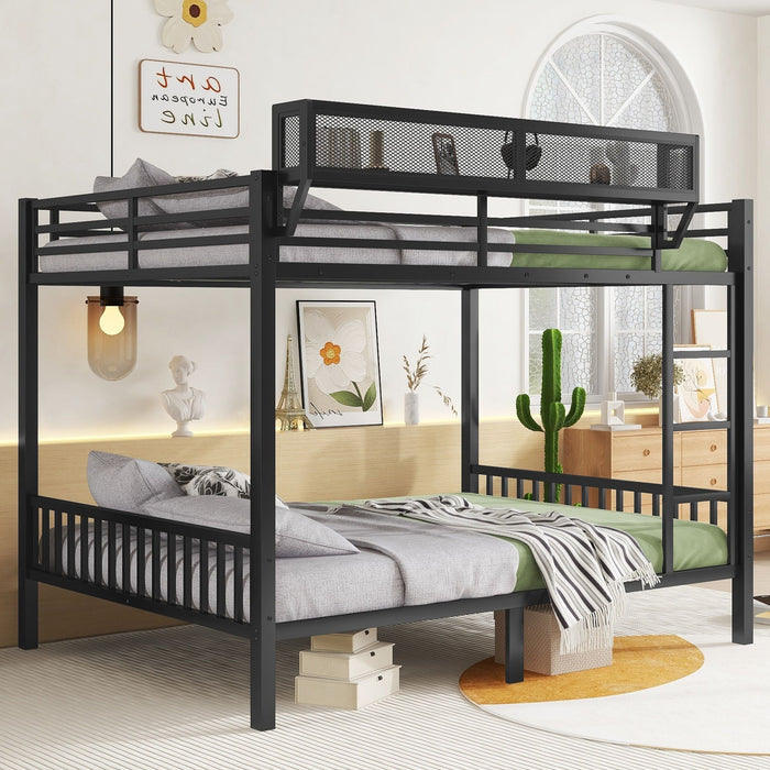 Queen Over Queen Bunk Bed With Ladder And Storage Shelf - Black