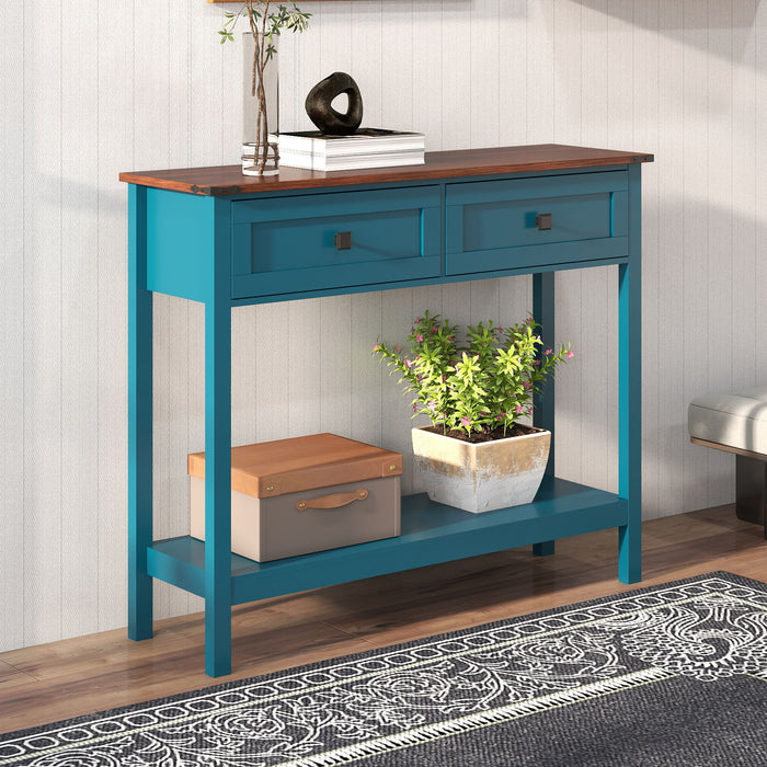 Farmhouse Style Console Table With 2 Drawers And Bottom Storage Shelf