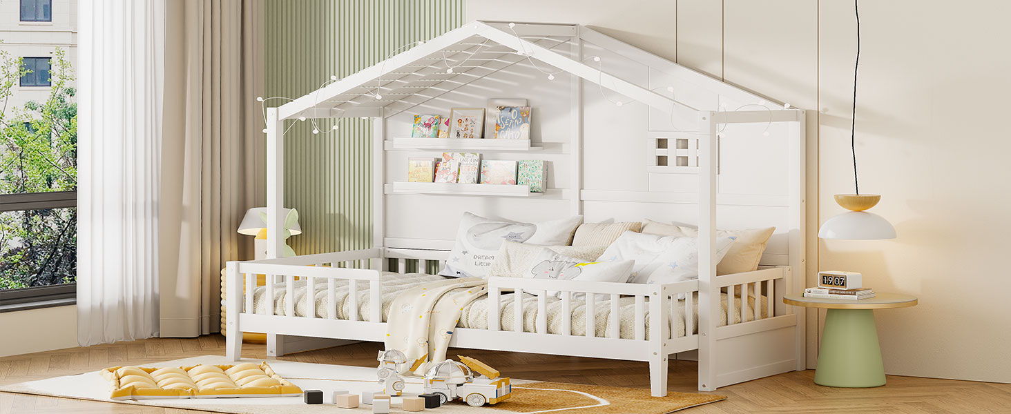 House Bed With Shelves, Window And Sparkling Light Strip On The Roof