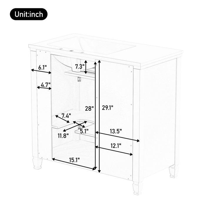Bathroom Vanity With Sink, 1 Tip Out Drawer, 3 Side Drawers, Adjustable Shelf