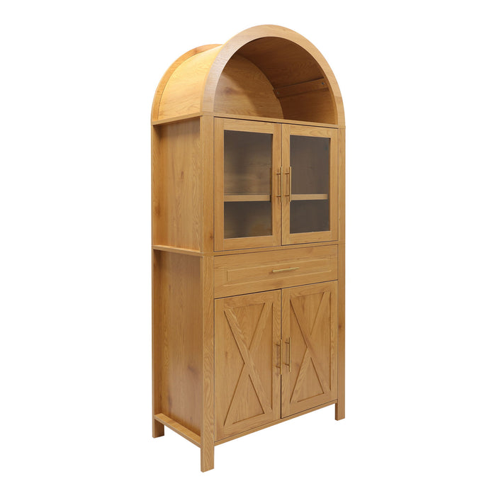 Arched Kitchen Pantry Cabinet With Adjustable Shelves And Barn Door Design