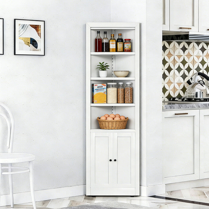 Tall Corner Storage Cabinet With 2 Doors, 5-Tier With Adjustable Shelves, Freestanding - White