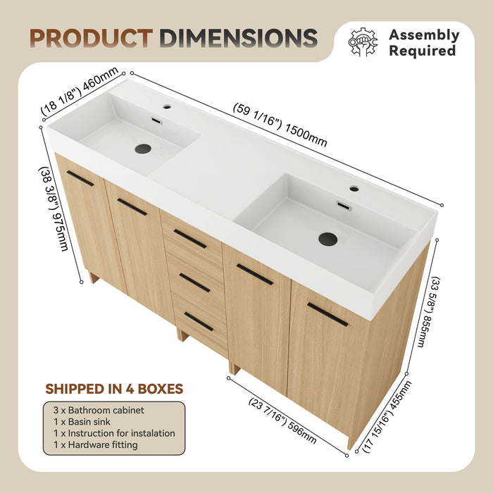 Double Sink Bathroom Vanity With 3 Drawers, Large Storage, Integrated Sink, Freestanding Cabinet, Soft Close Hardware - Glossy White / Light Oak