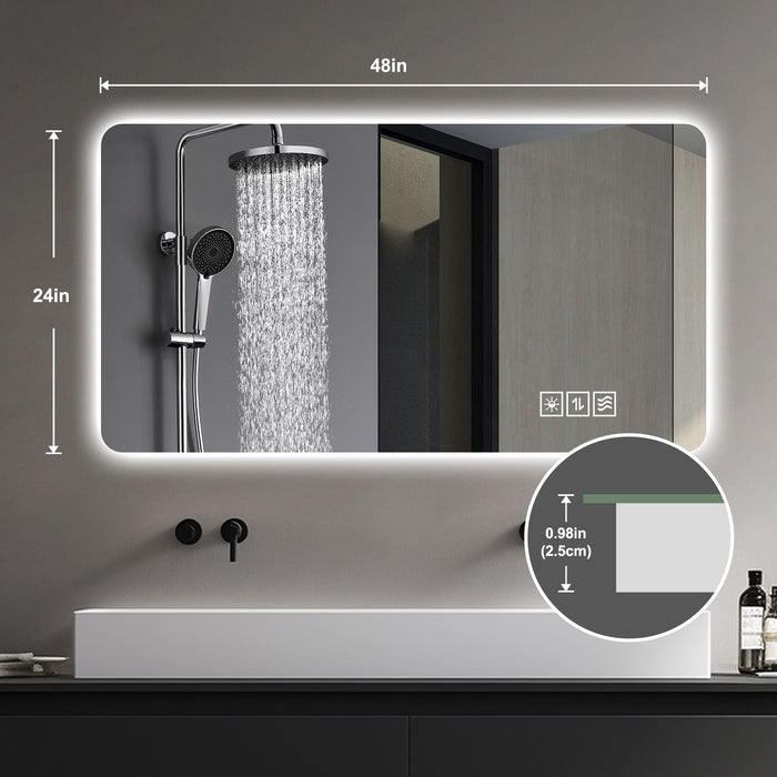 Wall Mounted LED Lighting Mirror With 3 Color Lighting, Dimming, Waterproof, Anti Fog, Touch Switch - Silver