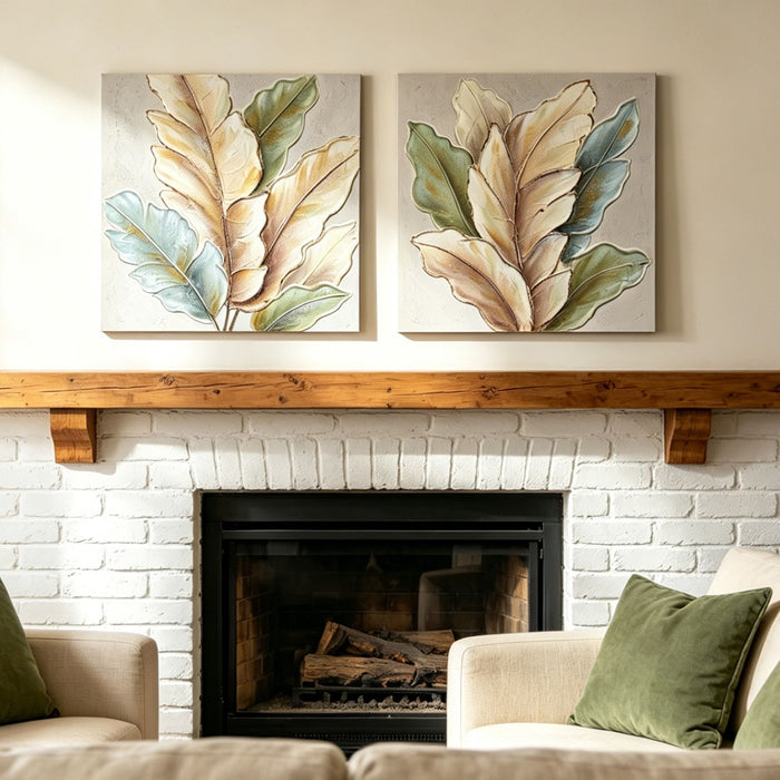 Botanical Leaf Wall Art, Textured Canvas Painting With Accents, Framed Decor For Living Room (Set of 2) - Green Leaf