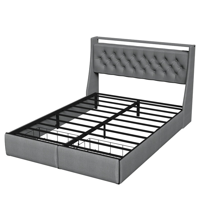 Floating Bed Frame With Rgb LED Light, 2 Storage Drawers & Headboard Shelf