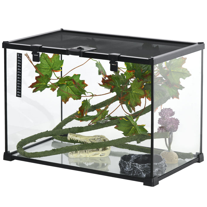 Pawhut - 14 Gallon Reptile Glass Terrarium Tank With Decor Kit Breeding Box Full View With Visually Appealing Sliding Screen Top For Lizards Frogs Snakes Spiders - Black