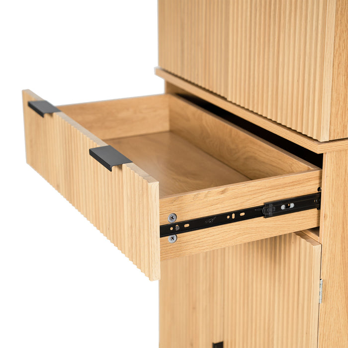 Fluted Kitchen Pantry Cabinet With 3 Keyboard Drawers & 6 Door Shelves Adjustable