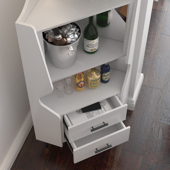 Corner Bar Cabinet With Mirrored Back, 2 Open Shelves & 2 Drawers, High Legs For Easy Cleaning
