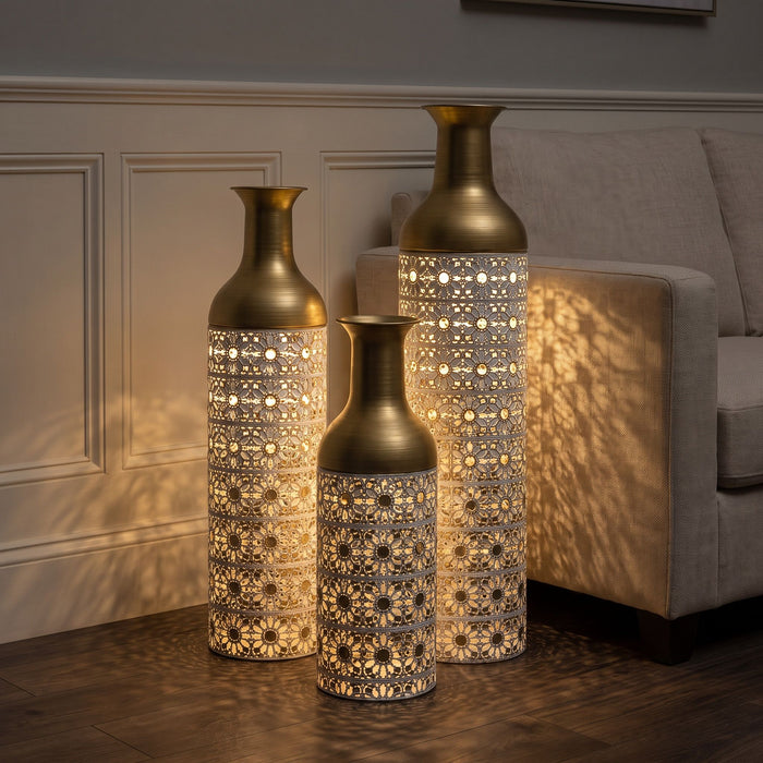 Handcrafted Cutout Hollow Tall Standing Floor Vase, Home Decor (Set of 3) - White / Gold