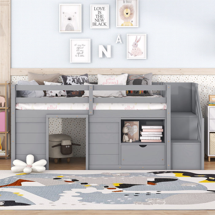 Low Loft Bed With Stair, Drawer, And Shelf