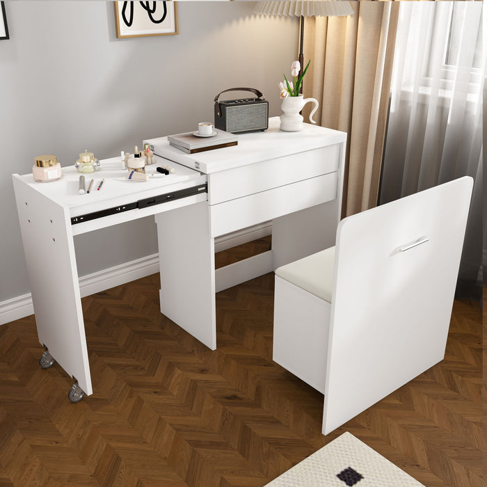 Folding Desk With Mirror And Storage Stool For Bedroom Or Apartment - White