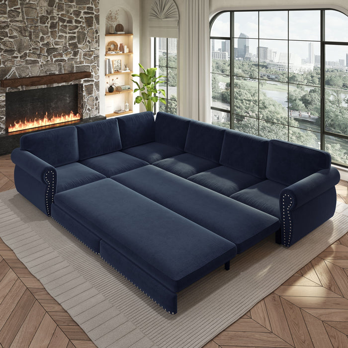L-Shaped Sofa Couch With Pull Out Bed With Nailhead Trim & Rolled Arm