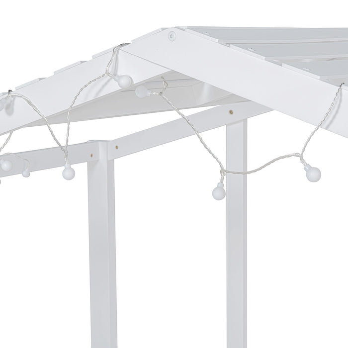 Loft House Bed With Ladder And Slide, With Blackboard And Light Strip On The Roof