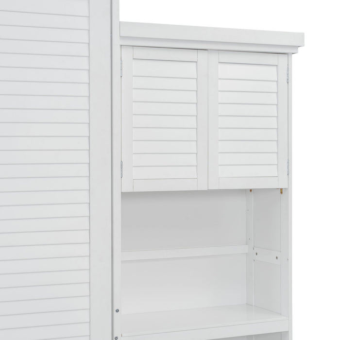 Queen Size Murphy Bed With Louvered Design And Multiple Storage Shelves - White