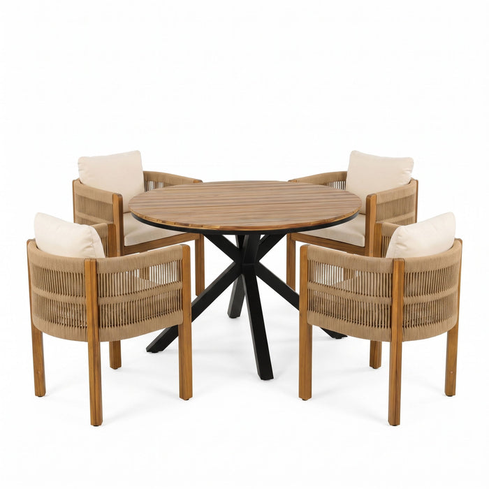 5 Piece Outdoor Dining Set With Round Table And 4 Wrapped Chairs - Black / Brown / Teak