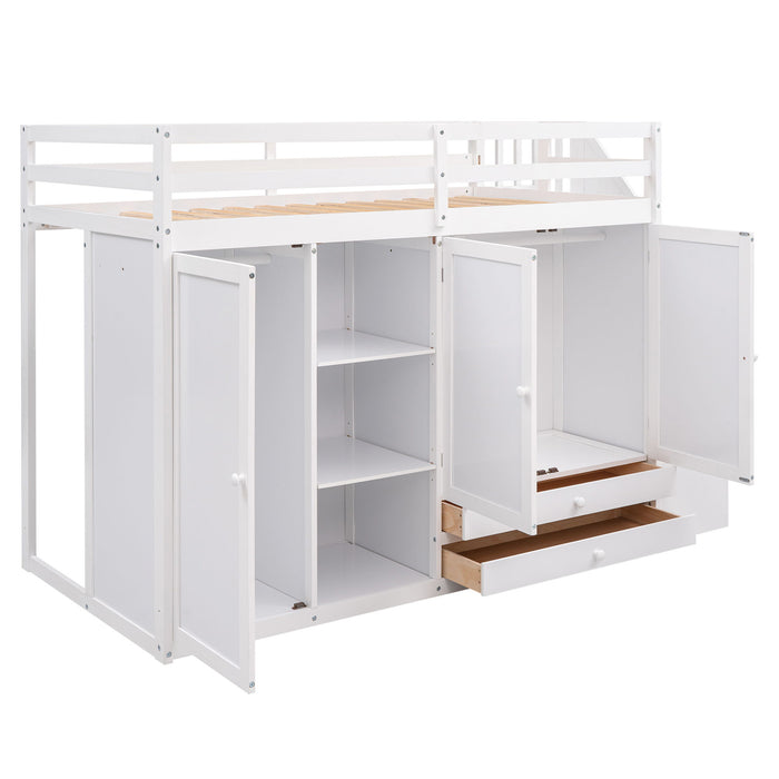 Loft Bed With 3 Shelves, 2 Wardrobes, 2 Drawers, Ladder Storage