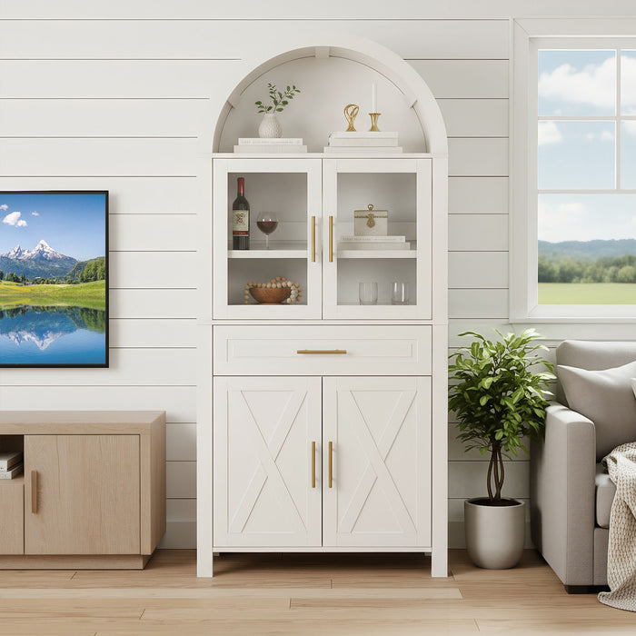 Arched Kitchen Pantry Cabinet With Adjustable Shelves & Barn Door Design