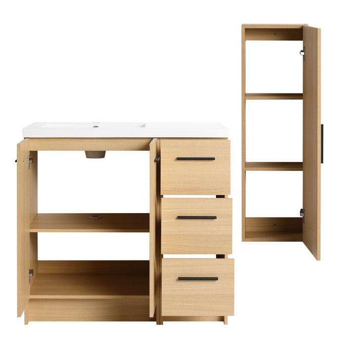 Freestanding Bathroom Vanity Set With Tall Linen Cabinet, 3 Drawers And Large Storage, Single Sink
