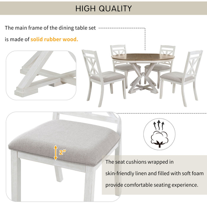 Dining Set With Extendable Round Table And 4 Upholstered Chairs