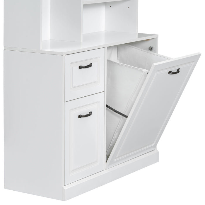 Bathroom Storage Cabinet With Tilt Out Hamper, Tall Free Standing Organizer With Drawers & Adjustable Shelves, Linen Tower With Steel Handles - White