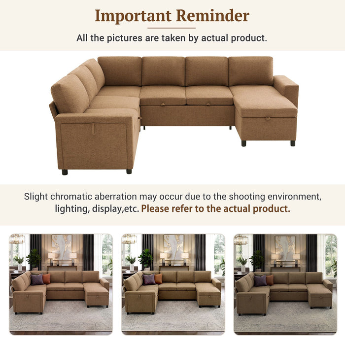 U - Shaped Convertible Sectional Sofa Bed With Storage, USB Charger & Cup Holders