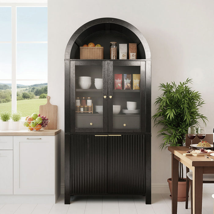 Fluted Tall Arched Pantry Cabinet With Adjustable Shelves, Glass Door & Hidden Drawer For Kitchen
