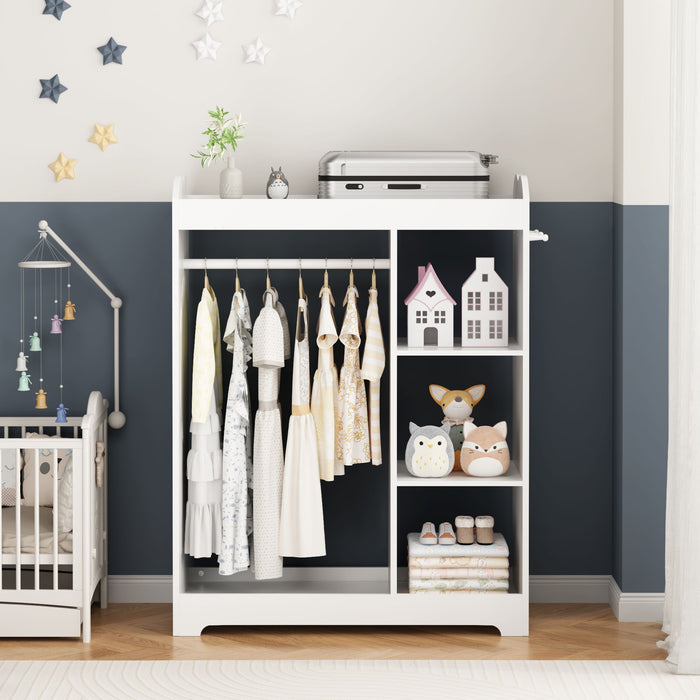 Dress Up Storage With Mirror And Hooks, Clothes Rack With Hanging Rod, 3 Side Hooks, Open Shelves, Top Shelf Organizer - White