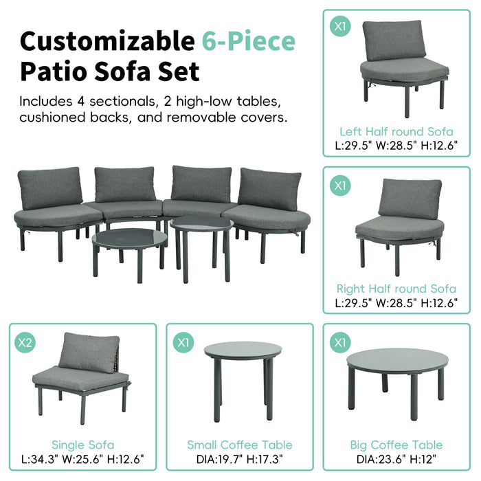 6 Piece Patio Set, Half Moon Outdoor Sectional Sofa With 2 High Low Coffee Tables, 4 Pillows & Cushions