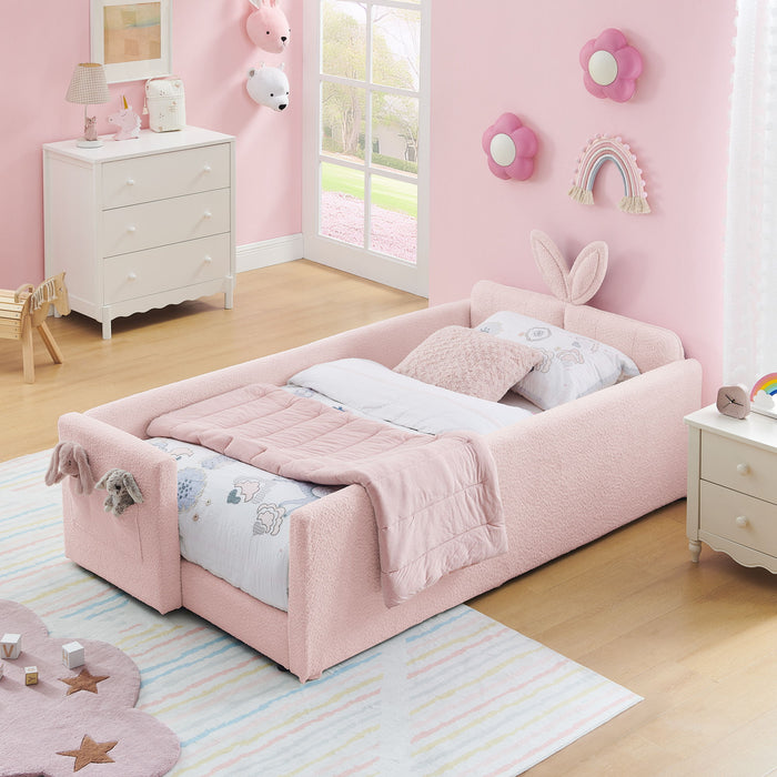 Cute Rabbit Ear Upholstered Platform Bed Frame With Safety Rail