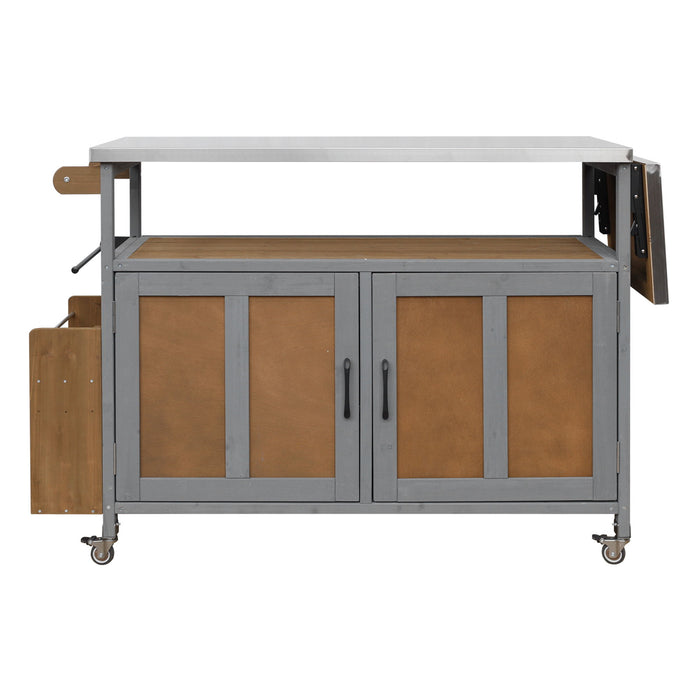 Foldable Outdoor Kitchen Island With Lockable Wheels, Storage Cabinet And Towel Rack For Patio